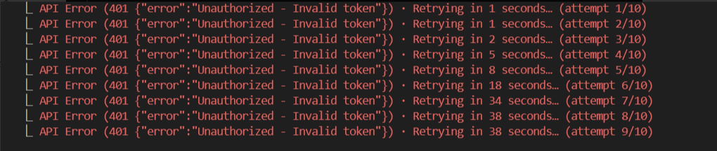 401 Invalid token error screenshot